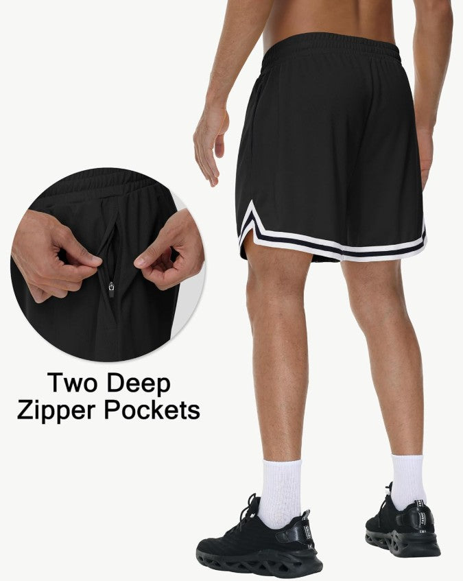 KG3 Mens Long Basketball Shorts with Zip Pockets - Athletic Black Gym Workout Sport Shorts Quick Dry Lightweight