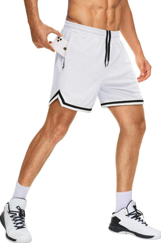 KG3 Mens Long Basketball Shorts with Zip Pockets - Athletic White Gym Workout Sport Shorts Quick Dry Lightweight