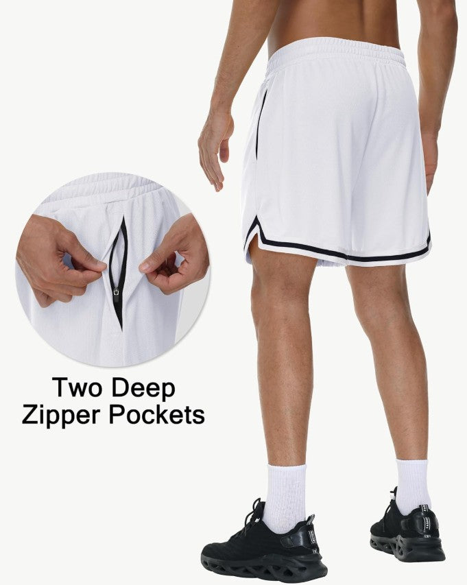 KG3 Mens Long Basketball Shorts with Zip Pockets - Athletic White Gym Workout Sport Shorts Quick Dry Lightweight