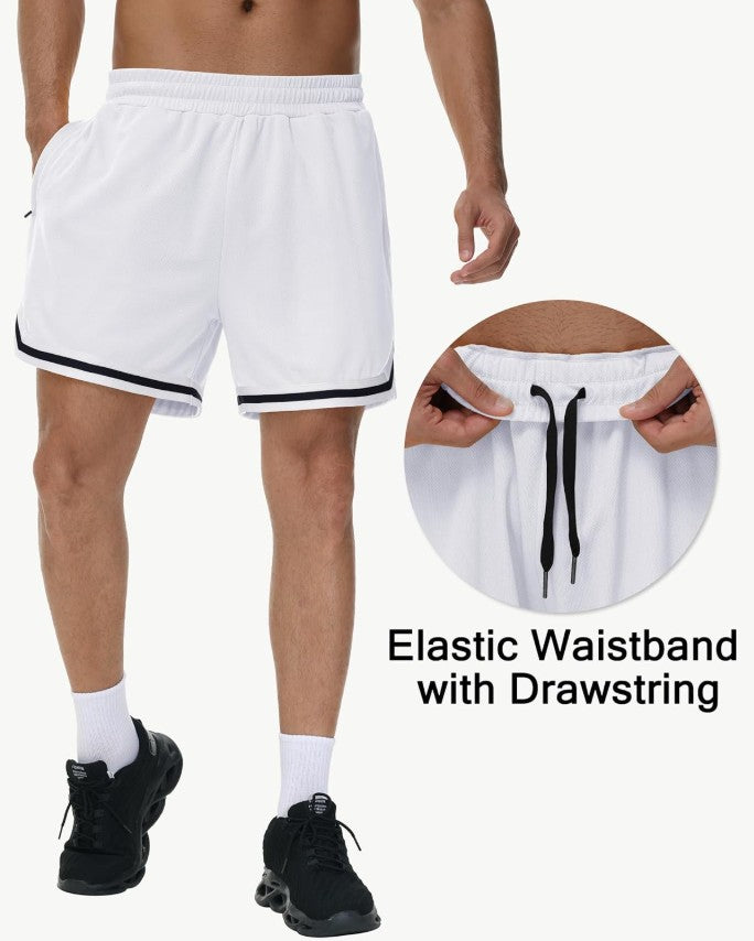 KG3 Mens Long Basketball Shorts with Zip Pockets - Athletic White Gym Workout Sport Shorts Quick Dry Lightweight