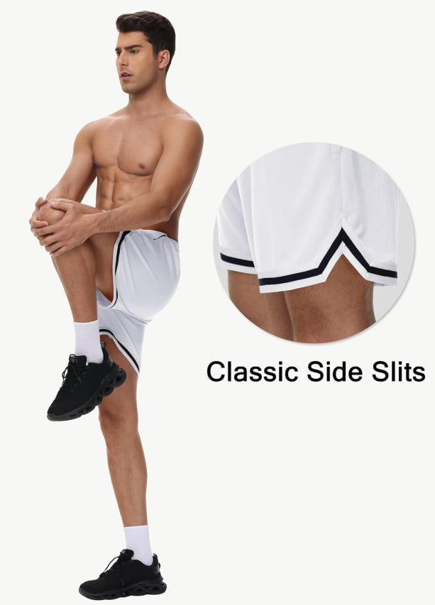 KG3 Mens Long Basketball Shorts with Zip Pockets - Athletic White Gym Workout Sport Shorts Quick Dry Lightweight